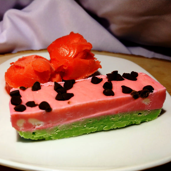 Watermelon Sherbet; watermelon and vanilla ice-cream flavored fudge